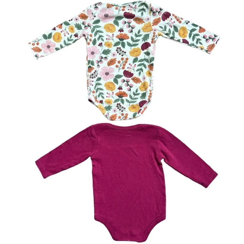 Hudson Baby Girls Long Sleeve Floral & Solid Cotton Onesie Bodysuits. 6-9 Months